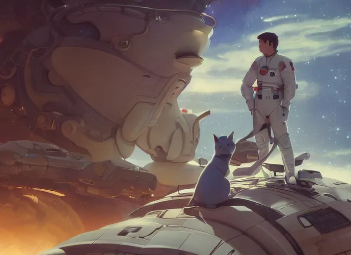 Image similar to a space handsome gay guy and his pet space cat staring role in a musical sci - fi space opera ghibli animated film, volumetric lighting, octane render by stanley artgerm lau, greg rutkowski, thomas kindkade, alphonse mucha, loish, norman rockwel, 8 k greg rutkowski