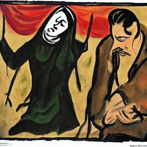 Prompt: This illustration was painted in 1937 during the Guerra Civil Española. The woman in the illustration is weeping for her dead husband. She is wearing a black dress and a black veil. Her face is distorted by grief. The illustration is dark and somber. Navajo green, illuminated codex gilded by Ossip Zadkine dismal