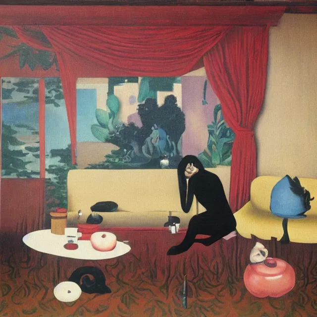 Image similar to female emo art student in her lounge room, painting of flood waters inside an artist's loungeroom, a river flooding indoors, pomegranates, pigs, ikebana, water, octopus, river, rapids, waterfall, black swans, canoe, berries, acrylic on canvas, surrealist, by magritte and monet