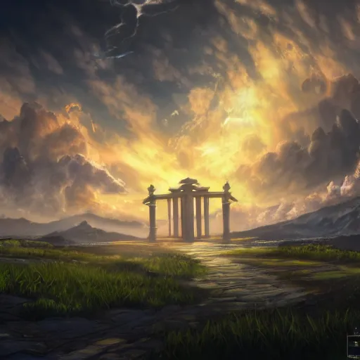 Prompt: Establishing shot of the Gate of Three Skies, digital art, Establishing shot of the Gate of Three Skies, trending on ArtStation, Establishing shot of the Gate of Three Skies, by Bragdon and Bernini, photorealism, style of aetherpunk, Establishing shot of the Gate of Three Skies, Dutch angle