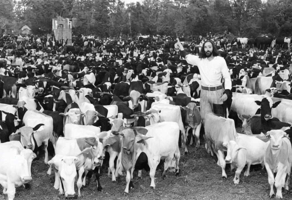 Prompt: jesus preaching to cows in nazi germany, dressed as a milkman