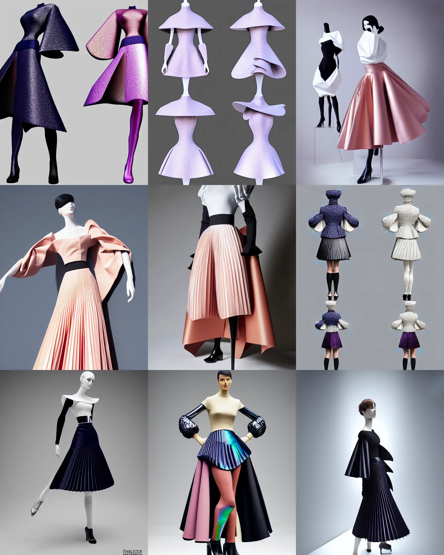 Prompt: designer figure collection ball shaped accordion sleeve haute couture, sailor uniform, midi skirt, coat pleats, synthetic curves striking pose, dynamic folds, cute huge pockets hardware, volume flutter, young, modeled by modern designer bust, body fitted, award fashion, stardust gradient scheme, light holographic tones, expert composition, high detail, professional retouch, editorial photography