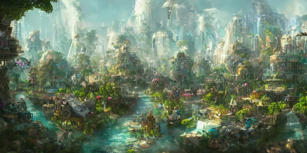 Image similar to a utopian city, filled with fauna, with bubbles floating around everywhere, building cover with plant, dynamic lighting, fantasy concept art, trending on art station, stunning visuals, creative, cinematic, ultra detailed