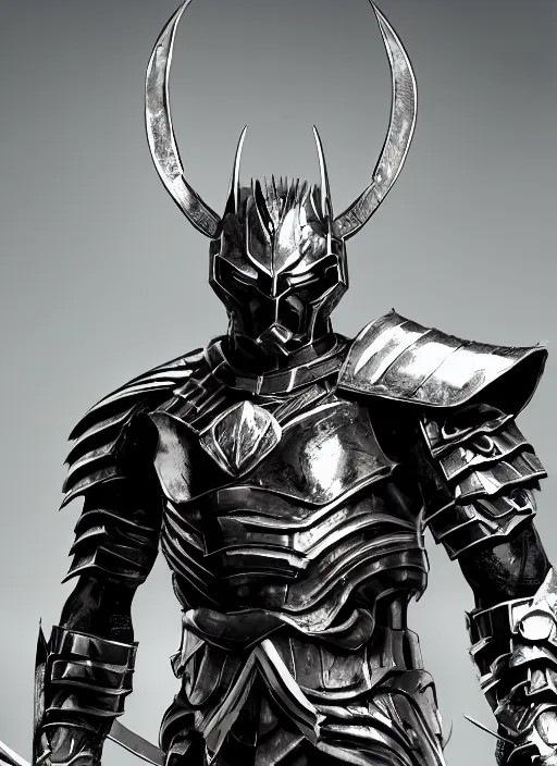 Image similar to An epic fantasy comic book style portrait painting of A black man wearing a silver samurai armor made of blades, Unreal 5, DAZ, hyperrealistic, octane render, cosplay, RPG portrait, dynamic lighting