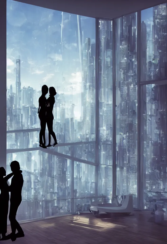 Image similar to silhouette of hugging couple in a futuristic appartment, window with a futuristic city, rossdraws, global illumination, radiant light, detailed and intricate environment