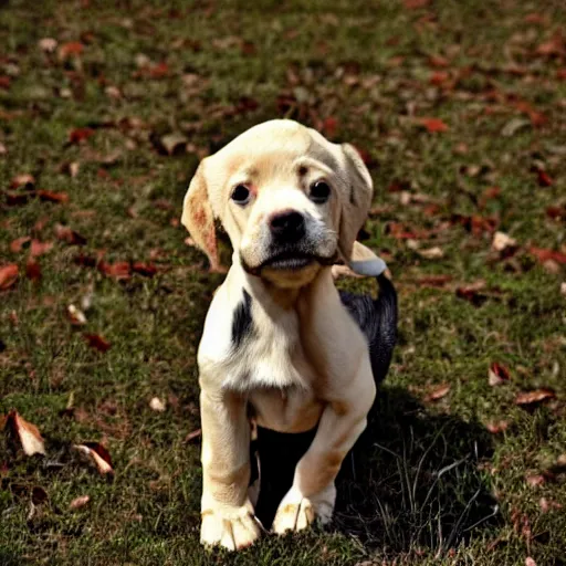 Prompt: puppy bringing back the bone of a weird huge alien realistic hdr 3 5 mm