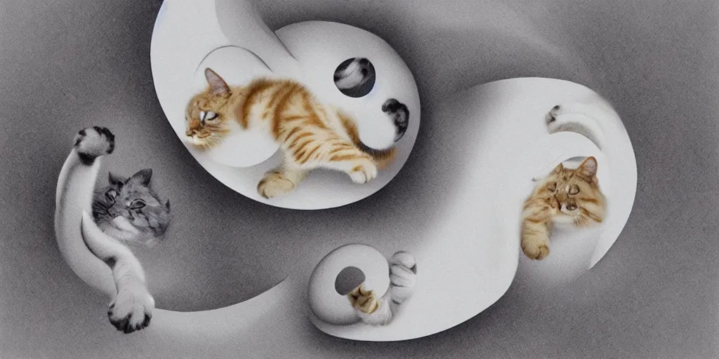 Image similar to realistic scene of cats as ying yang, golden, delicate, hyper realism, 1 4 5 0, ink, ultra realistic, 8 k