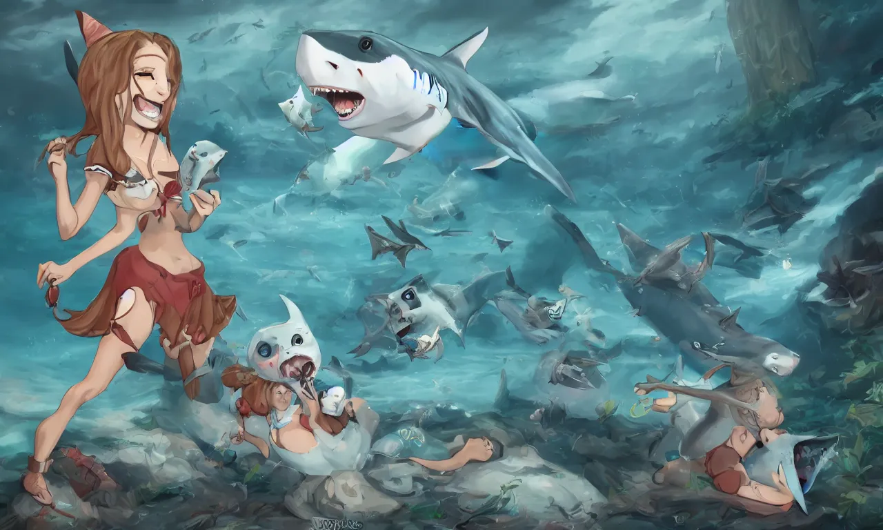 Prompt: A shark girl get stolen by a criminal rabbit while an owl and mother nature watch, digital paiting, trending in artstation. 8k