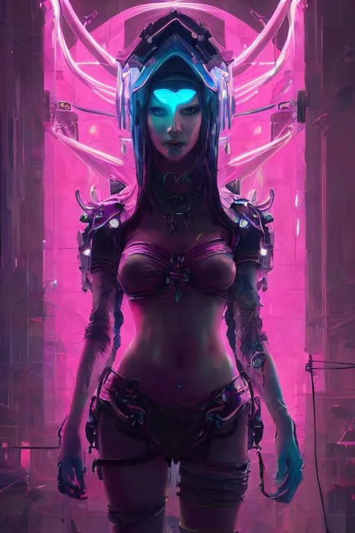 Image similar to morgana from league of legends, cyberpunk futuristic neon. veins and living pipes everywhere, decorated with traditional japanese ornaments by ismail inceoglu dragan bibin hans thoma greg rutkowski alexandros pyromallis nekro rene maritte illustrated, perfect face, fine details, realistic shaded, fine - face, pretty face, masterpiece