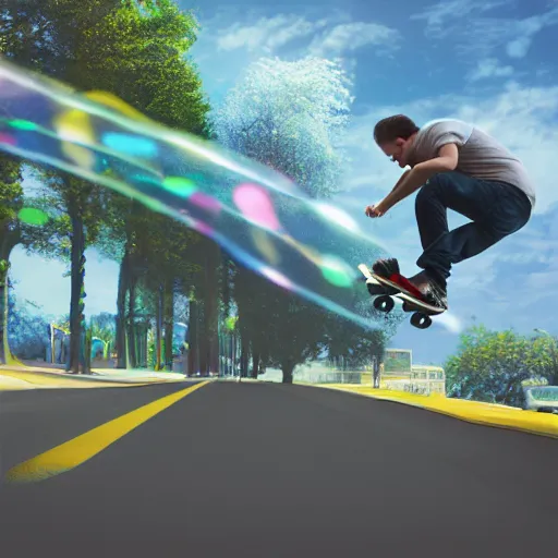 Prompt: a man skateboarding on a road made of bubbles digital painting, matte painting, in the style of Beeple, 8k, highly detailed
