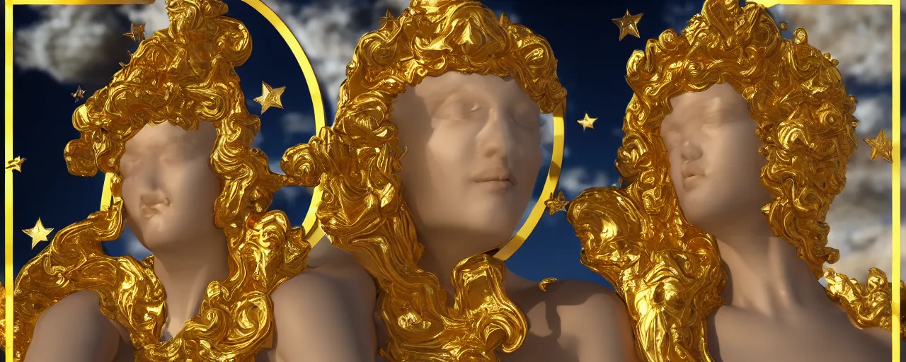 Prompt: saint woman, venus, athena, beautiful, gracious, baroque marble and gold, space, sistina, stars, puffy clouds, tilt shift, 3 d style light refraction, light reflection, real texture effect, extremely detailed, avantgarde, render, artstation