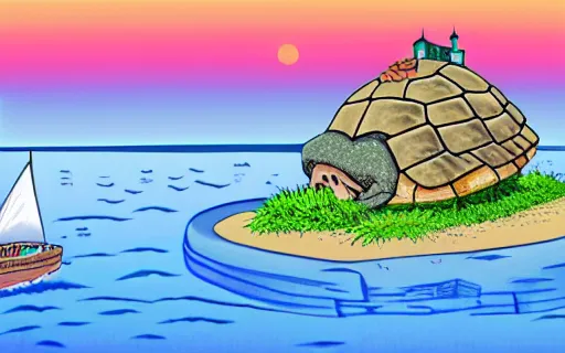 Image similar to an island with a giant castle on top held up by the shell of a giant turtle in the ocean, sunset, drawn by hayao miyazaki, hi res, 4k