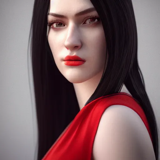 Prompt: portrait of a woman with long black hair and red eyes, wearing a red dress, 8k, close up shot, detailed face, beautiful, octane render, dark lighting, artstation, artgerm, rutkowski, high quality, depth of field, dark colors,