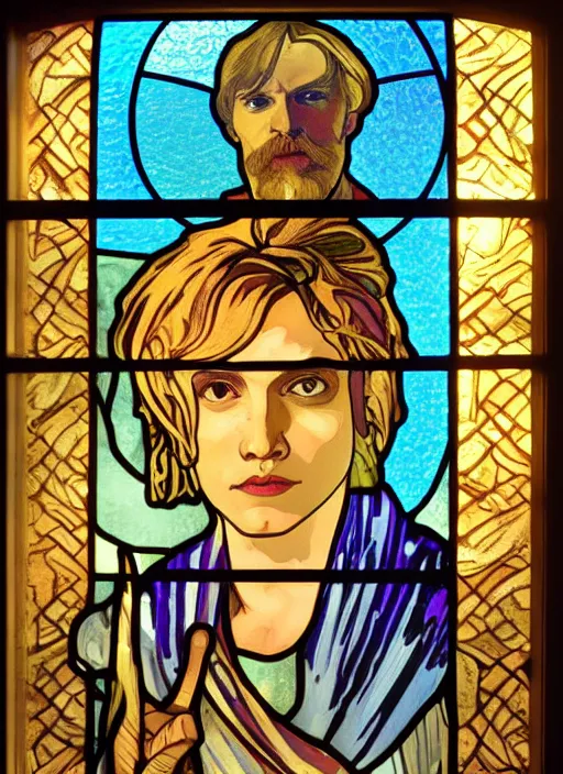 Prompt: stained glass portrait of gerard way, anjali mudra, alphonse mucha, van gogh, vivid, holy, smooth, golden light