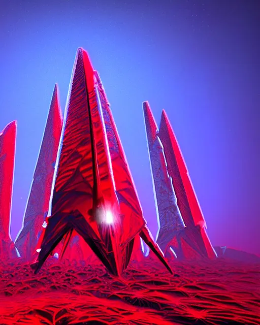 Image similar to futuristic sci fi exterior crystal jagged textured obelisk structures made out of red mandelbulb glowing crystal energy on the nuclear reactor unreal engine volumetric lighting subsurface scattering