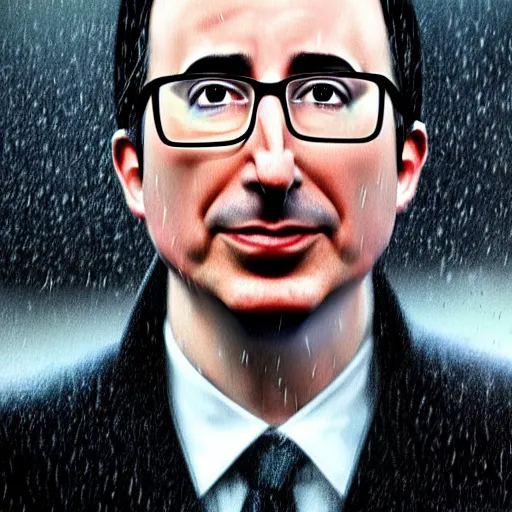 Prompt: John oliver in the rain, realistic detailed face, artstation, concept art, sharp focus, matte painting, hyper detailed, hyper realistic, art by Akira Toriyama