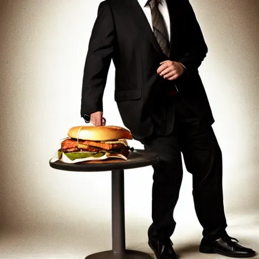 Image similar to full length shot : : clean - shaven smiling white chubby italian american man in his 4 0 s wearing a long brown overcoat and necktie and black shoes shoes shoes holding a burger, 2 0 0 6 advertising promo shot