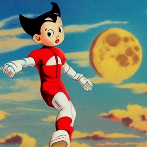 Prompt: astro boy flying to the moon