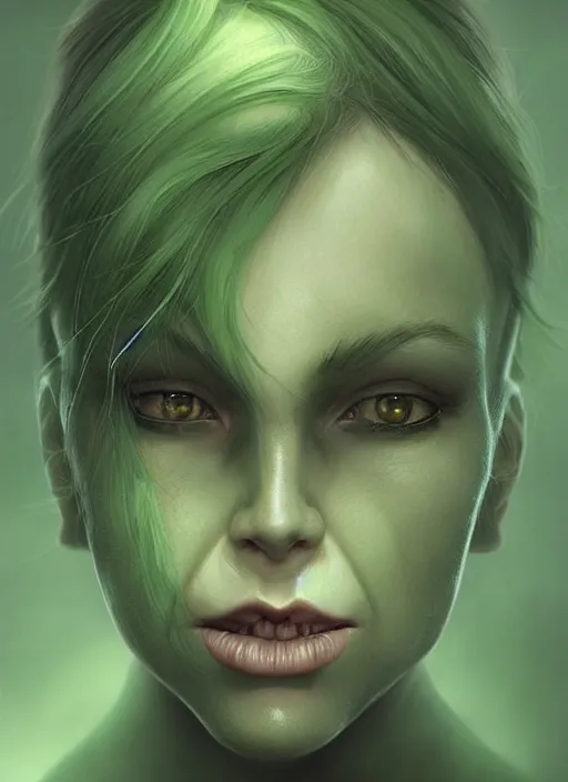 Image similar to green orc female, light green tone beautiful face by anton semenov, charlie bowater