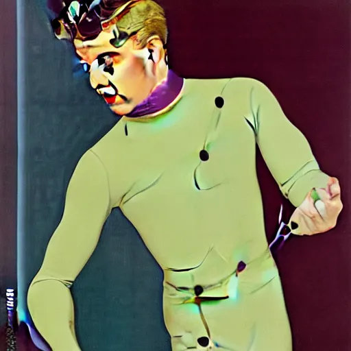 Image similar to Young Spanish man is Super Spy Captain, the Electric Boy, Art by Coles Phillips and Joshua Middleton, socks, Rene Magritte, succulent plants Chalk white skin, deep purple hair, Green eyes, Orange background, Mucha, Portrait of the man, surreal, ,carbon black and antique gold