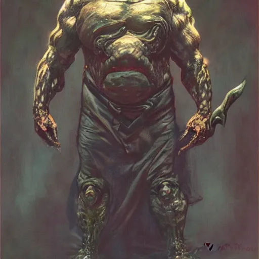 Image similar to photoreal portrait of a armoured bloated demonic man, by norman rockwell and boris vallejo, artstation, horror, concept creature character art