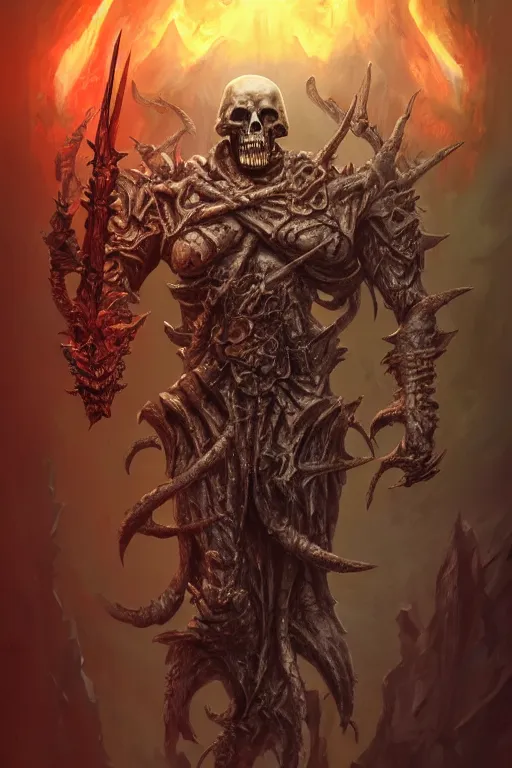 Image similar to death lord stand on skulls, highly detailed, d & d, fantasy, highly detailed, digital painting, trending on artstation, concept art, sharp focus, illustration, global illumination, ray tracing, realistic shaded, art by artgerm and greg rutkowski and fuji choko and viktoria gavrilenko and hoang lap,