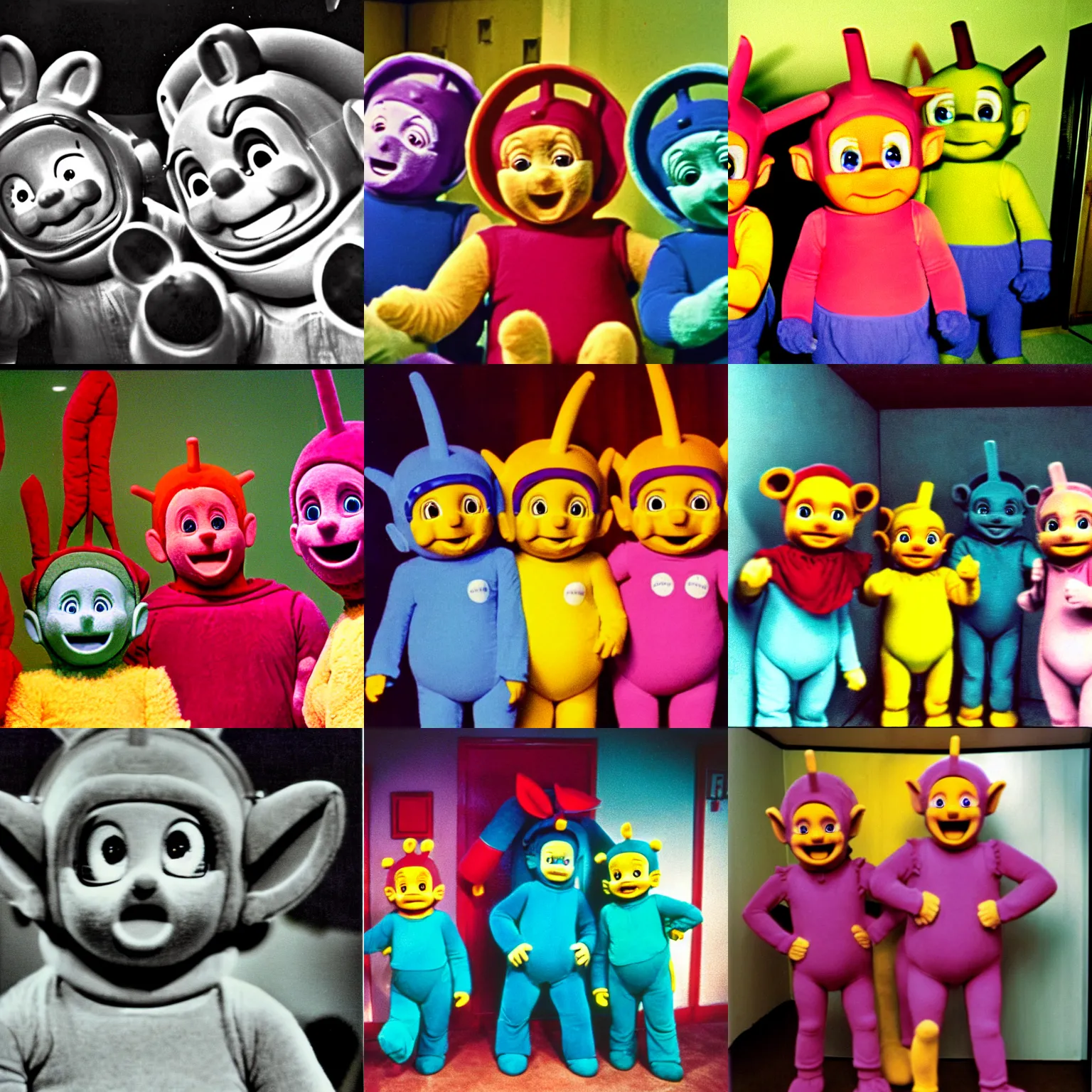 Prompt: 1 9 9 0 teletubbies in the backrooms, animatronics, low key, disturbing, serious faces, found footage, claustrophobic