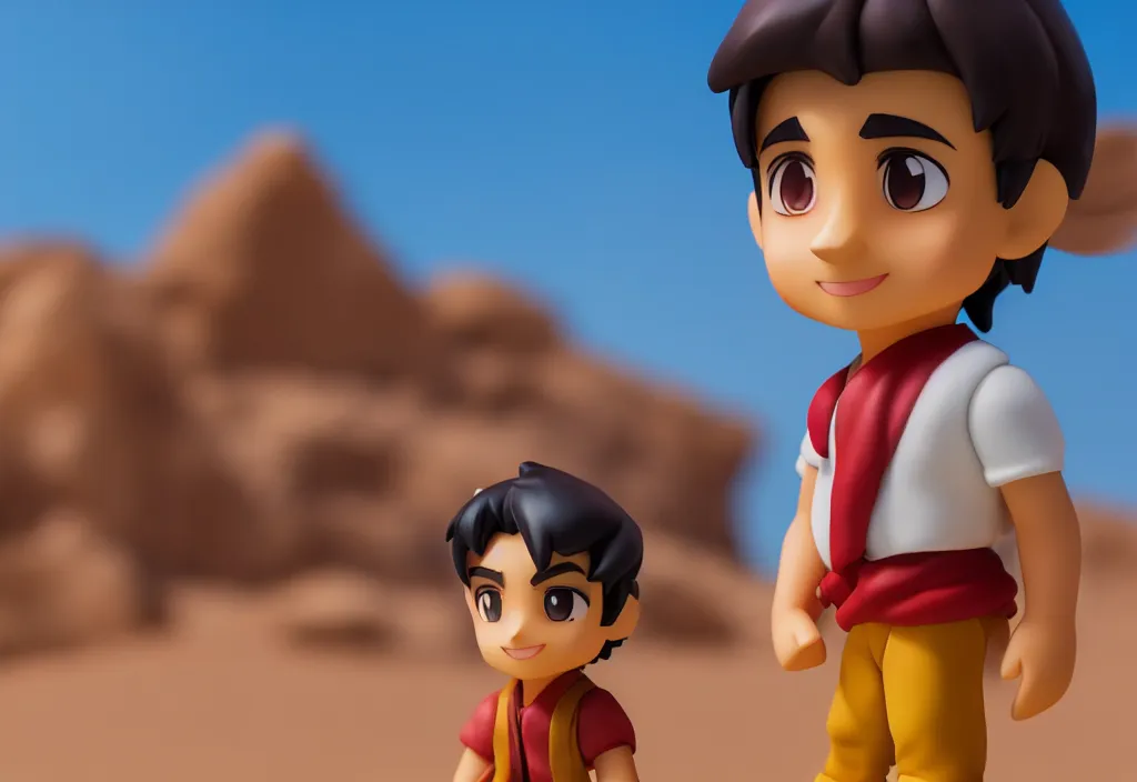 Image similar to profile view of young aladdin as nendoroid walking in a desert, wearing typical clothes, 8 k, hd, dof, kodak film, volumetric lighting, subsurface scattering, photorealistic, octane render