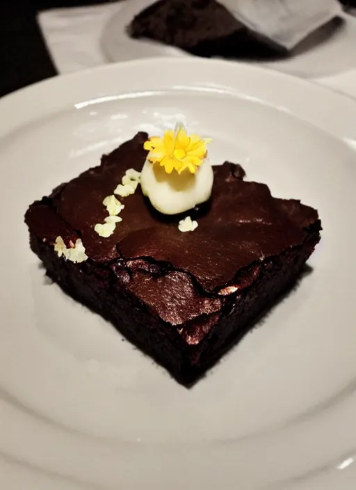 Prompt: the most delicious brownie ever, beautifully presented at a fine dining restaurant, high quality photograph, a light shining down on the brownie, it is angelic, beautiful and ready to ascend to heaven