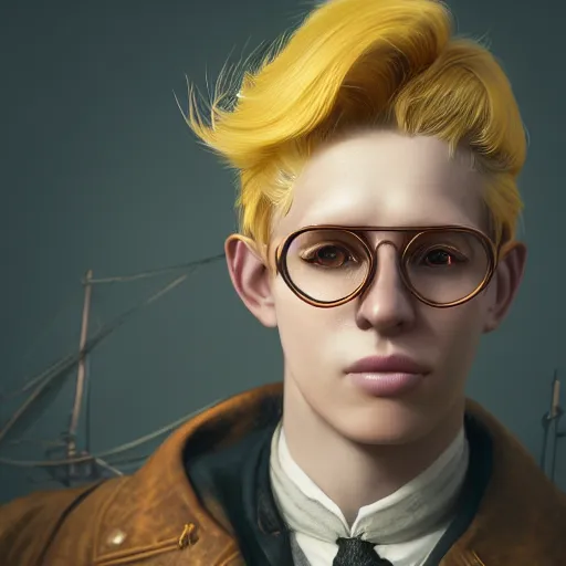 Prompt: a highly detailed portrait of a young man with yellow hair, copper round steampunk glasses on his forehead, victorian style costume, steampunk, artstation, deviantart, professional, octane render