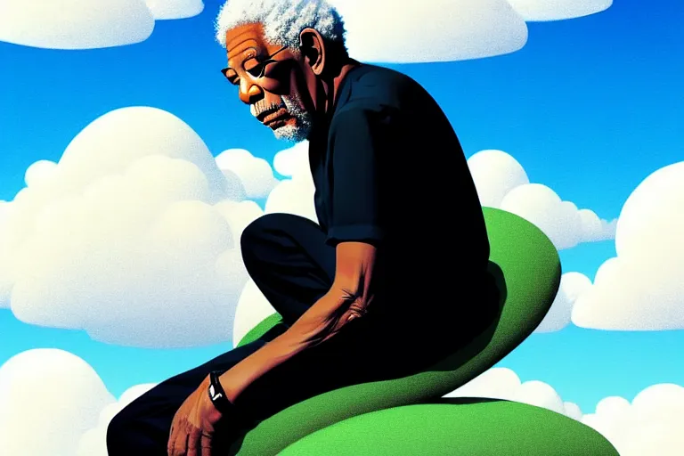 Image similar to Pixiv Digital art Full Body Extreme Detailed Full and Isolated and singular portrait of Morgan Freeman sitting on a Cloud in the sky. His legs are crossed lotus position in the scene is full of clouds by Ilya Kuvshinov and Greg Rutkowski