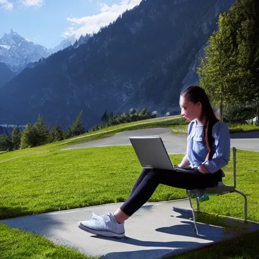 Image similar to smart female junior developer sitting in front of a modern campus building and working on a laptop outside with mountains in the background in summer, alps, 4k, digital art, highly detailed, artstation, 8k, painting