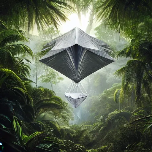 Image similar to peter tarka, minimalistic, hyperrealistic surrealism, award winning masterpiece with incredible details, epic stunning, a highly reflective chrome octahedron with lights coming out of the bottom in the middle of a tropical rainforest, alien structure, highly detailed, trending on ArtStation, artgerm and greg rutkowski and alphonse mucha, daily deviation, IAMAG