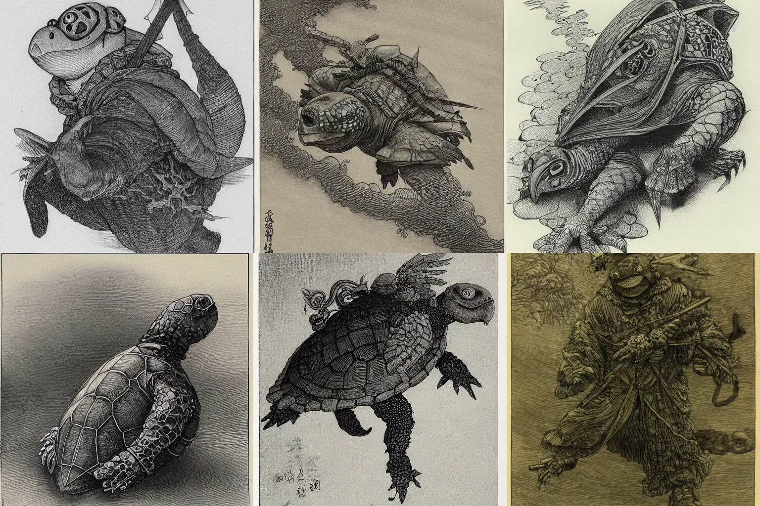 Prompt: tengu turtle by Yoshitaka Amano, style of Gustave Dore, style of John Kenn Mortensen