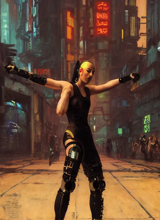 Prompt: cyberpunk olympic kickboxer with robotic arms wearing a jumpsuit ( blade runner 2 0 4 9, cyberpunk 2 0 7 7 character design ). orientalist portrait by john william waterhouse and james gurney and theodore ralli and nasreddine dinet, oil on canvas. cinematic, hyper realism, realistic proportions, dramatic lighting, high detail 4 k