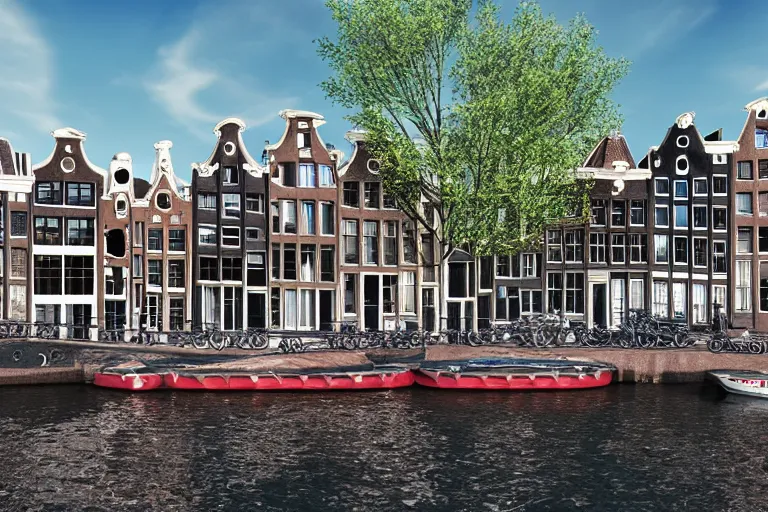 Image similar to view of houses in amsterdam, with water and boats, photography, 3 5 mm, hyper realistic, 8 k, unreal engine, hyper realistic illustration 8 k happy lighting