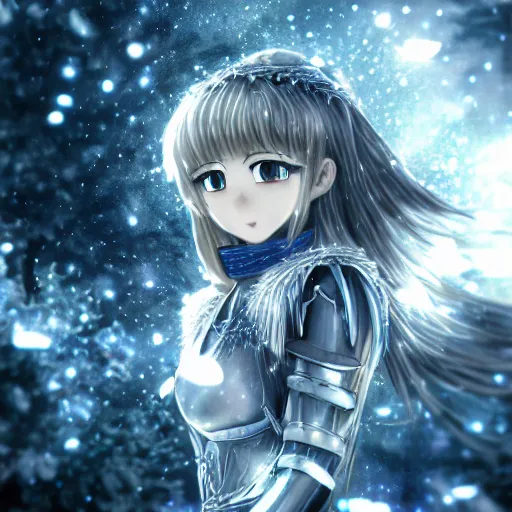 Image similar to portrait focus of knight beautiful 3D anime girl, silver Frozen ice crystal armor wearing, dark forest background, snowing, bokeh, inspired by Masami Kurumada, digital painting, high contrast, unreal engine render, volumetric lighting, high détail