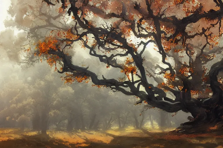 Prompt: watercolor painting of oak tree in foggy autumn, mythological art by hans gude, romance art by hans dahl, by jesper ejsing, art by anders zorn, wonderful masterpiece by greg rutkowski, cinematic light, american romanticism by greg manchess, creation by tyler edlin