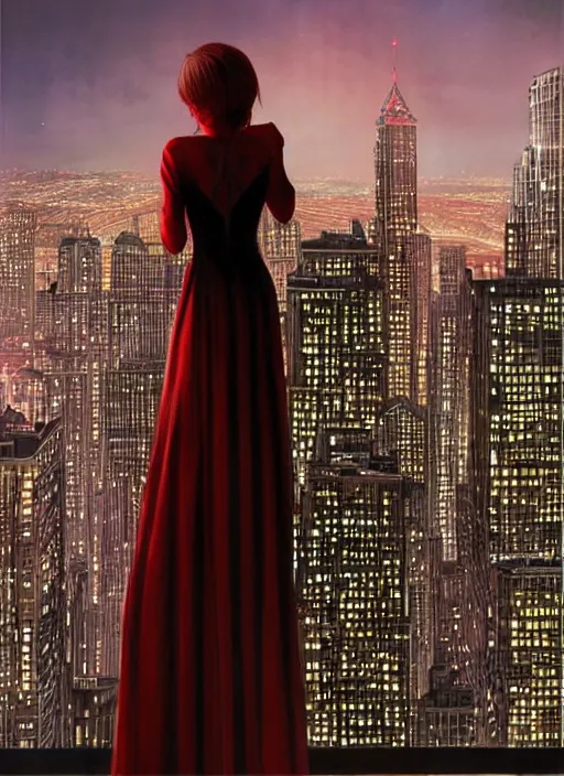 Prompt: portrait of a beautiful vampire pensively leaning over the railing on a skyscraper with the nighttime cityscape in the background. wearing a red dress. visible face. masterpiece by artgerm and greg rutkowski and ilya kuvshinov paul lerh