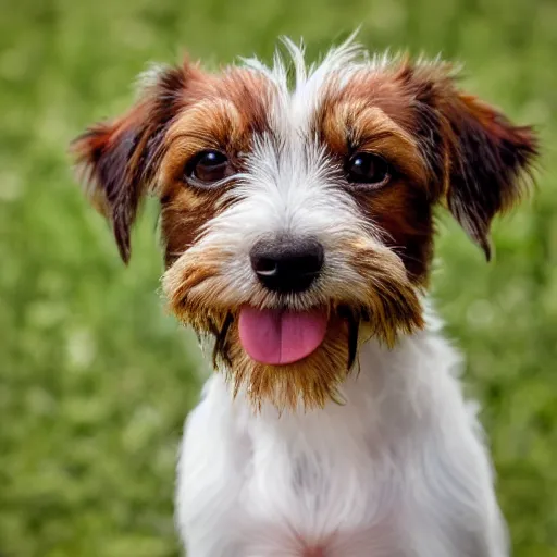 Image similar to a high quality photograph of a scruffy wire haired jack russell terrier puppy, white with chocolate brown spots, brown patches over both eyes. friendly, curious expression.