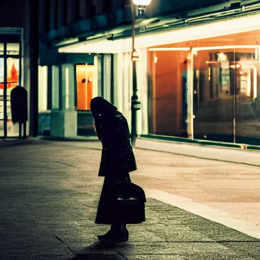 Image similar to a woman waiting for the bus at a lonely street at night, the street light is the only light on the street, lonely atmosphere, empty city, in the style of Edward Hopper, 4k,