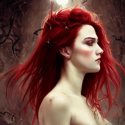 Prompt: side portrait of beautiful vampire, rose thorn crown, thorns everywhere, headshot, pale skin, 4k, rule of thirds, extreme detail, detailed drawing, trending artstation, hd, fantasy, D&D, realistic lighting, by Alphonse Mucha, Greg Rutkowski, sharp focus, backlit, bright red hair, closed eyes, realistic, head looking up