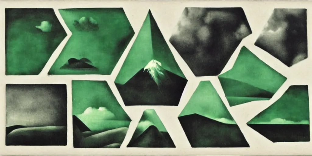 Prompt: grey, green salvador dali. magritte. hazy polaroid collage. black pyramids