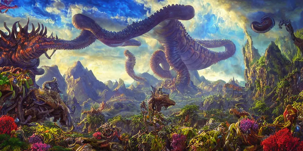 Image similar to fantasy oil painting, great leviathan, cybernetic turtle cephalopod terrapin reptilian pachyderm squid, bella hadid, hybrid, milla jovovich, anubis, epic natural light, lush plants flowers, spectacular mountains, bright clouds, luminous sky, outer worlds, golden hour, michael cheval, edward hopper, michael whelan, vray, hd