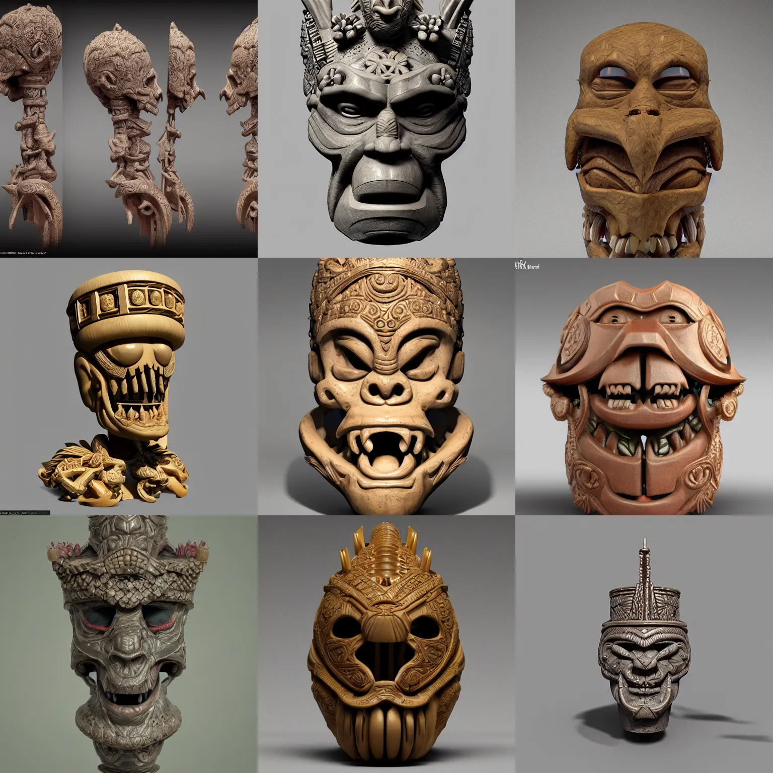 Prompt: tiki head sculpture in bone made in the style of rafael grassetti, rococo, very detailed, intricate, amazing, octane render, unreal engine, trending on artstation