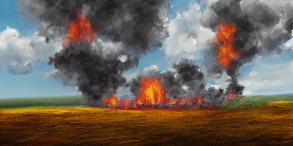 Image similar to an eastern front battlefield landscape, summertime, shell craters, single burning tank, digital oil painting