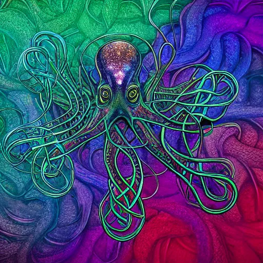 Image similar to a dramatic and beautiful digital matte painting of large iridescent octopus with legs made of fractal celtic knots, trending on cgartist, hi-fructose, mandala, string wall art, ultra detailed 8k