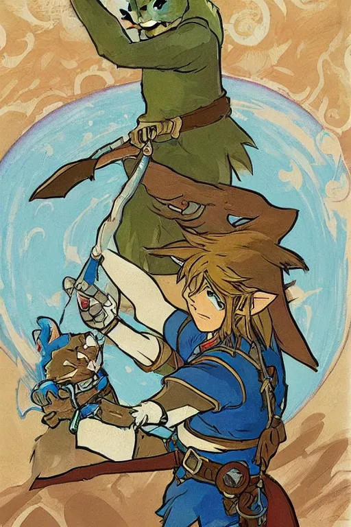 Image similar to link from The Legend of Zelda: Breath of the wild playing with a cat by and mucha,geometric shapes, hard edges ,Visual Communication Design