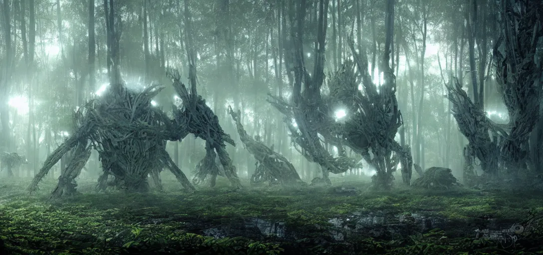 Image similar to a complex organic fractal 3 d metallic symbiotic ceramic humanoid megastructure creature in a swampy lush forest, foggy, sun rays, cinematic shot, isometric, photo still from movie by denis villeneuve, wayne barlowe