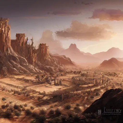 Image similar to highly detailed large kingdom in the desert, 8 k fantasy art, concept art illustration, sharp focus, intricate and smooth